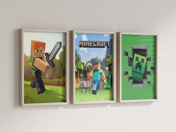 Kit 3 Quadros Decorativos Moldura Minecraft Decoração