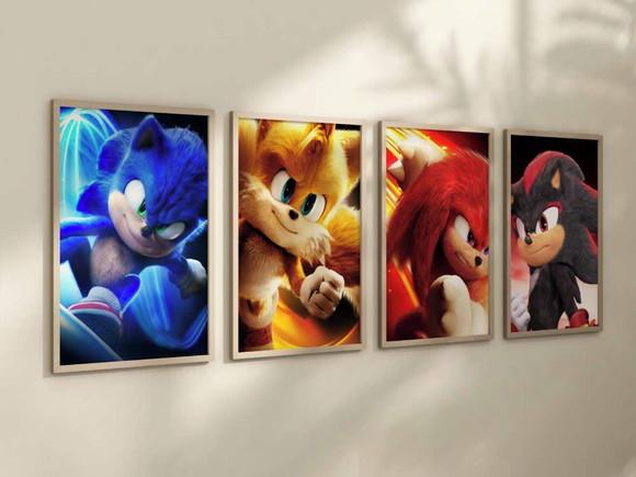Kit 4 Quadros Decorativo Moldura Sonic Tails Knuckles Shadow