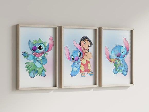 Kit 3 Quadros Decorativo Moldura Lilo Stitch Decorar
