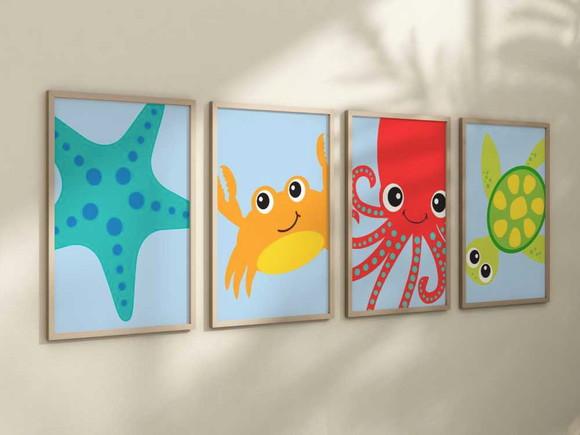 Kit 4 Quadros Decorativo Moldura Fundo Mar Infantil Decorar