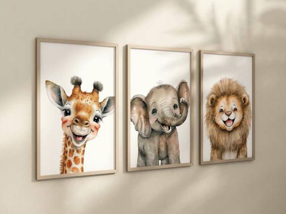 Kit 3 Quadros Moldura Safari Infantil Girafa Elefante Leão