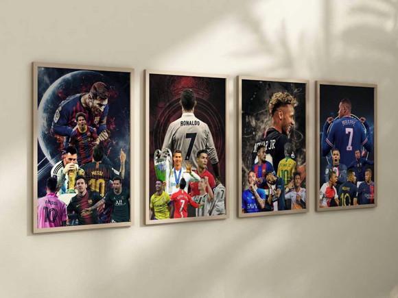 Kit 4 Quadros c/ Moldura Neymar Cr7 Mbappe Messi