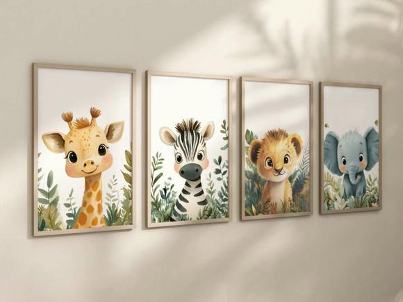Kit 4 Quadros Decorativos Moldura Safari Infantil A4 24x34