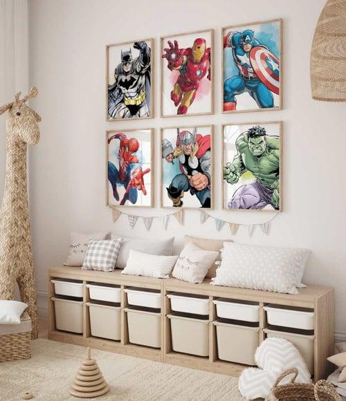 Kit 6 Quadros Decorativos Moldura Super-heróis A3