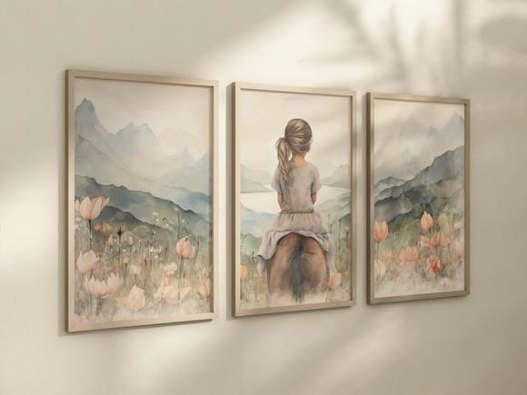 Kit 3 Quadros Decorativo Menina Aventureira Cavalo Arte V