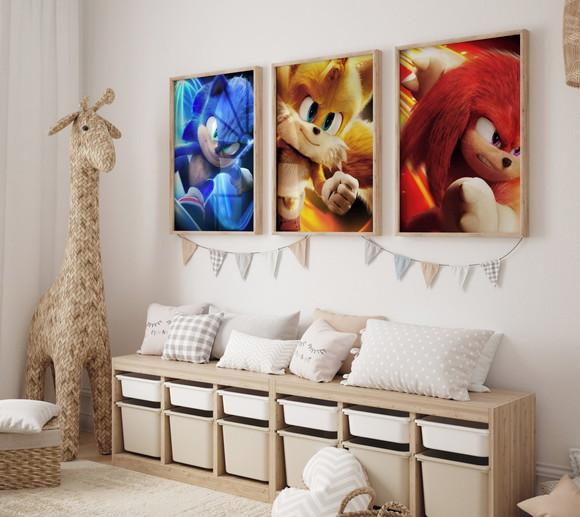 Kit 3 Quadros Decorativo Moldura Sonic Tails Knuckles Grande