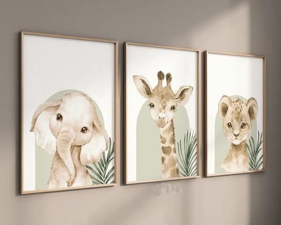 Kit 3 Quadros Decorativos Moldura Bebe Safari Animal Feliz D