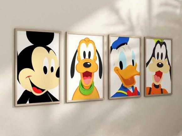 Kit 4 Quadros Decorativos Moldura Mickey Pluto Donald Pateta