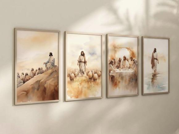 Kit 4 Quadros Moldura Jesus Monte Ovelha Ceia Águas