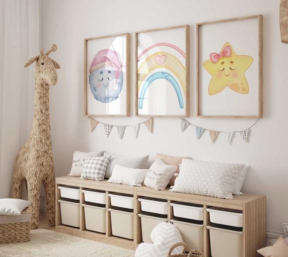 Kit 3 Quadros Boho Lua Arco Íris Estrela Infantil Menina A3
