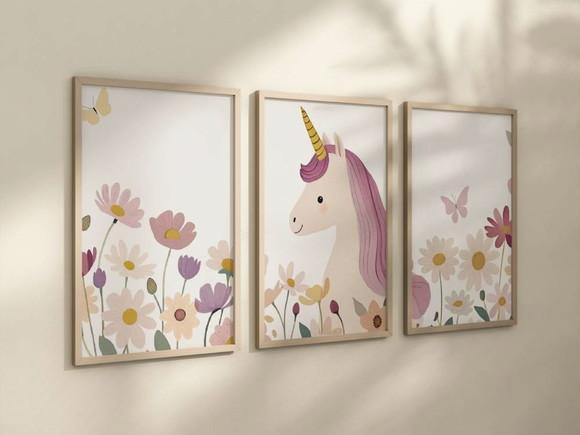 Kit 3 Quadros Decorativos Moldura Unicórnio Infantil Decorar