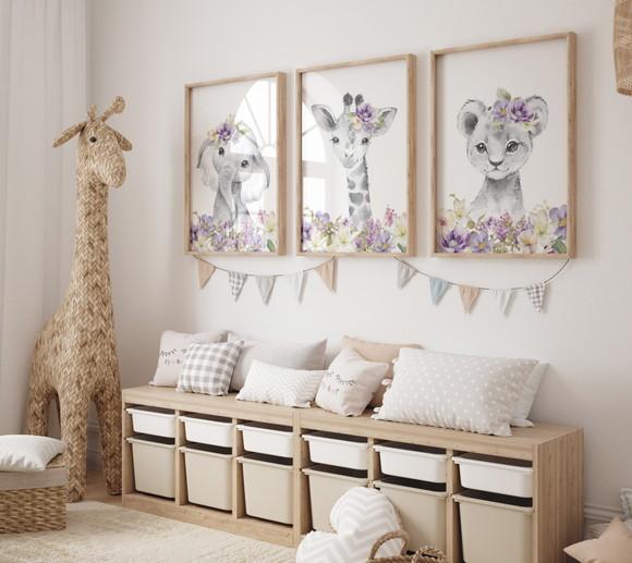 Kit 3 Quadros Decorativos Moldura Bebe Safari Menina A3
