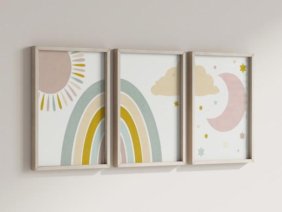 Kit 3 Quadros Boho Sol Lua Arco-iris Infantil Decorar