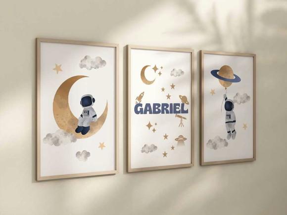 Kit 3 Quadros Decorativo Moldura Astronauta Infantil Persona