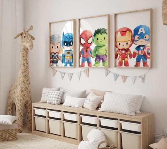 Kit 3 Quadros Decorativos Moldura Super-heróis Baby 34x44