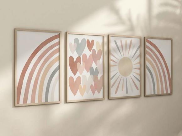 Kit 4 Quadros Boho Arco-iris Coração Sol Infantil Decora