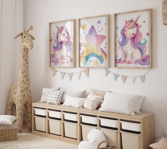 Kit 3 Quadros Decorativos Moldura Unicórnio Infantil A3