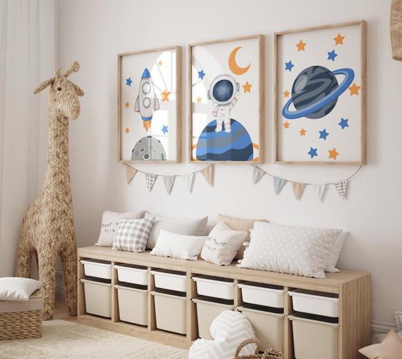 Kit 3 Quadros Decorativo Moldura Astronauta a Infantil 34x44