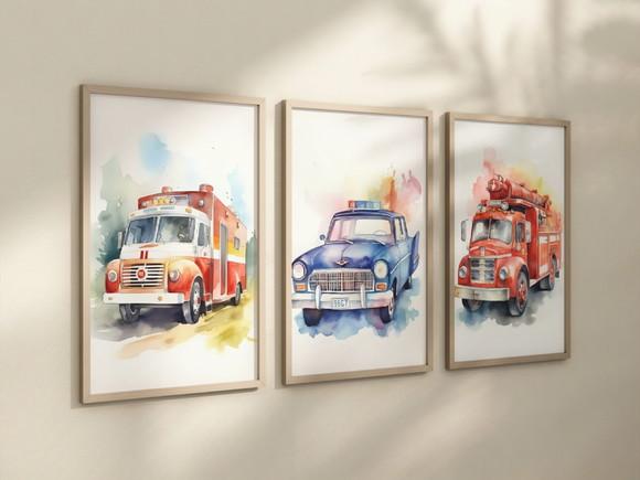 Kit 3 Quadros Carrinho Ambulância Polícia Bombeiro Infantil