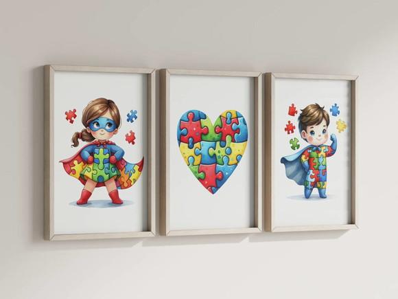 Kit 3 Quadros Decorativos Moldura Autismo Menino Menina
