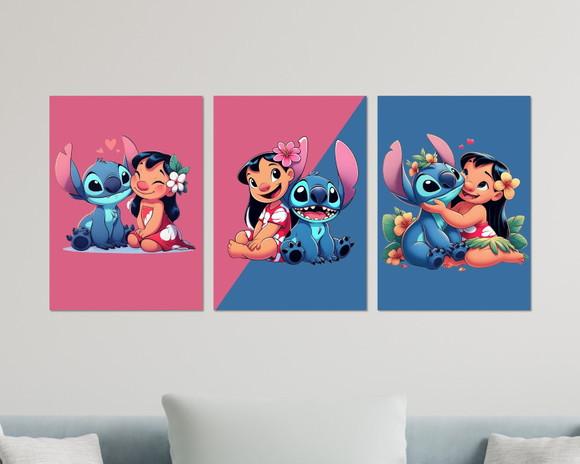 Kit 3 Placas Decorativas Quadro Lilo e Stitch Decoração