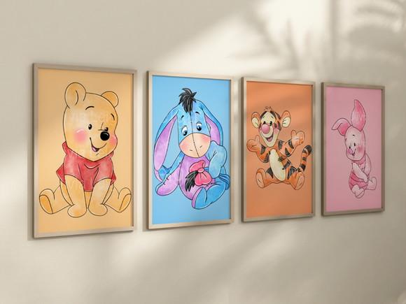 Kit 4 Quadros Decorativos Moldura Ursinho Pooh Decoração