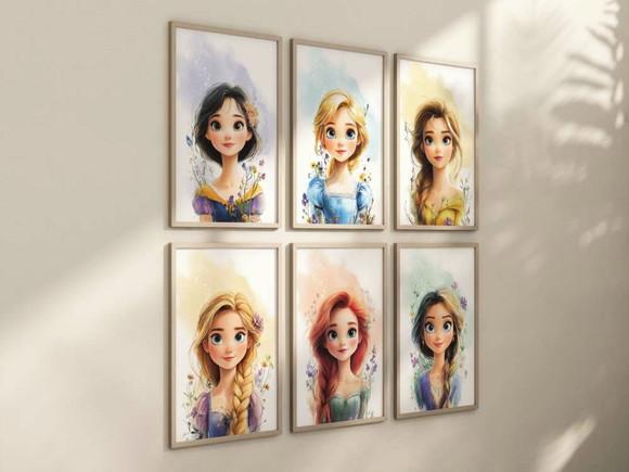 Kit 6 Quadros Decorativos Princesas Arte Moderna A4