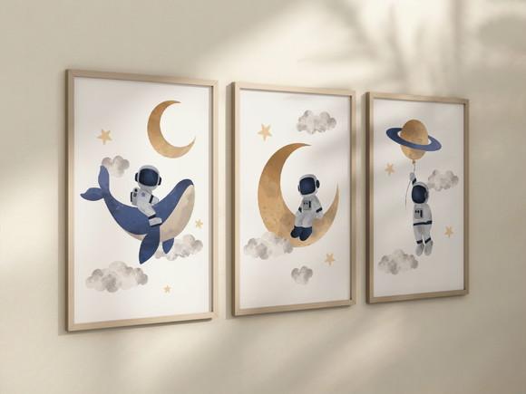 Kit 3 Quadros Decorativo Moldura Astronauta Infantil B