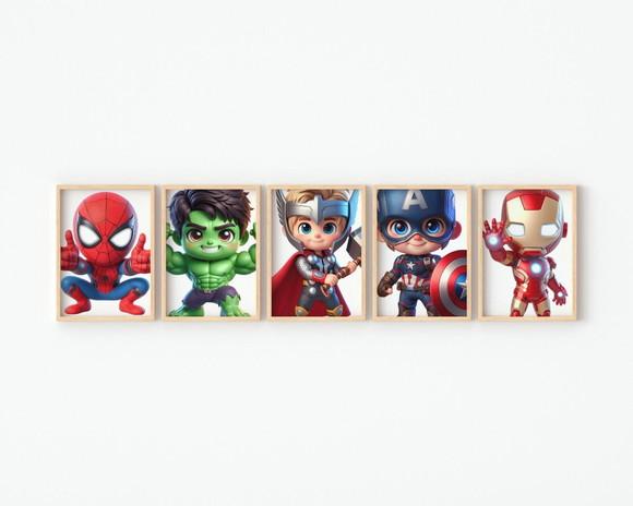 Kit 5 Quadros Decorativos Moldura Super-heróis Baby Premium