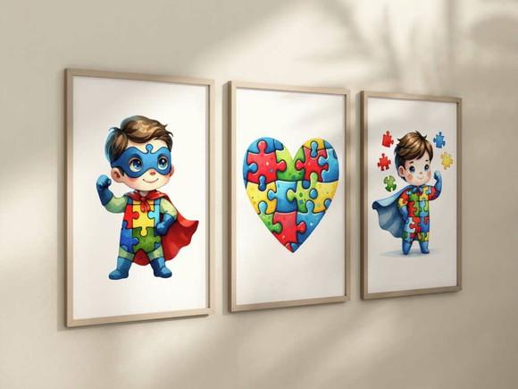 Kit 3 Quadros Decorativos Moldura Consciência Autismo Menino
