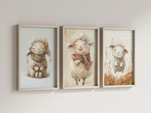 Kit 3 Quadros Decorativo Moldura Ovelha Fofo Maternidade