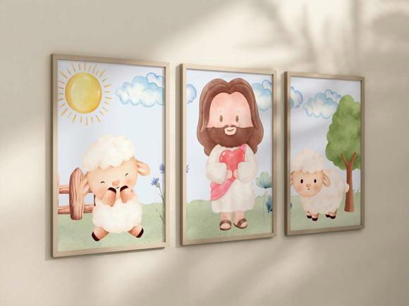 Kit 3 Quadros Decorativo Jesus Mini Berçário A4 24x34