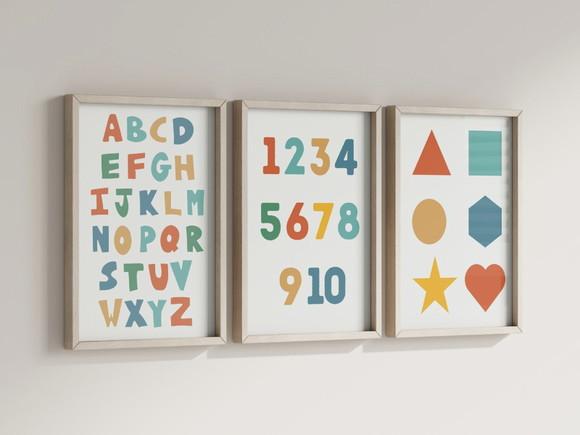 Kit 3 Quadros Decorativo Moldura Alfabeto Números Formas