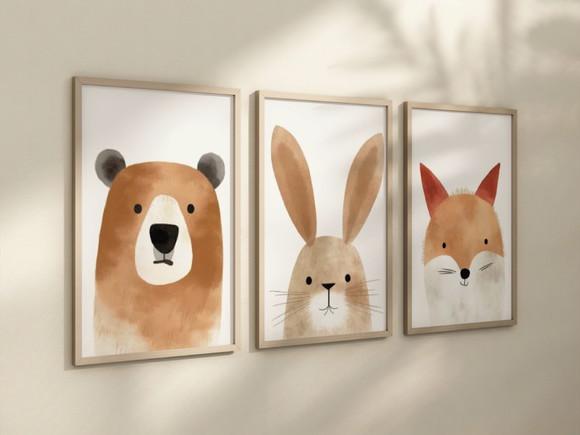 Kit 3 Quadros Decorativo Animais Fofinho Aquarela Berçário