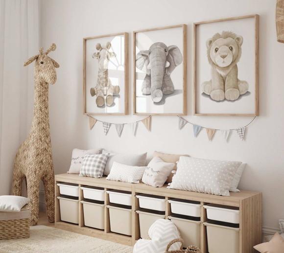 Kit 3 Quadros Decorativos Moldura Bebe Safari Animal A3