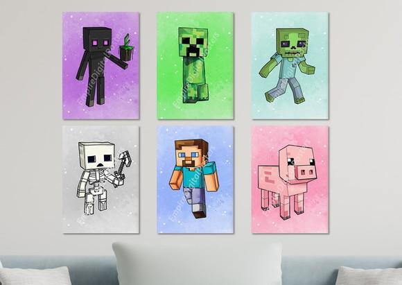 Kit 6 Placas Quadros Decorativos Minecraft Gamer Decorar