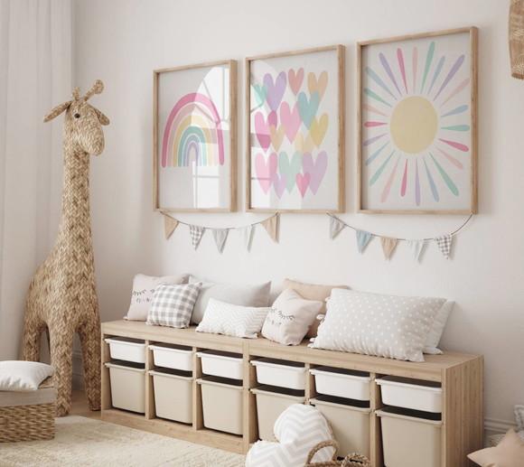 Kit 3 Quadros Boho Arco-iris Coração Sol Infantil Decora A3