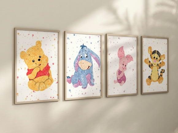 Kit 4 Quadros Decorativos Moldura Ursinho Pooh Decoração