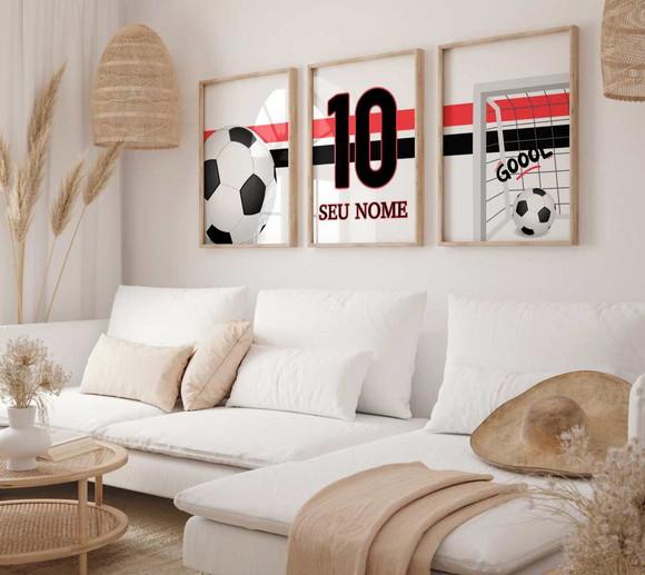 Kit 3 Quadros Futebol Nome Branco Vermelho Preto A3