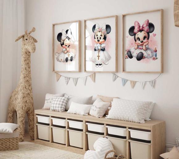 Kit 3 Quadros Decorativos Moldura Minnie Baby Maternidade A3