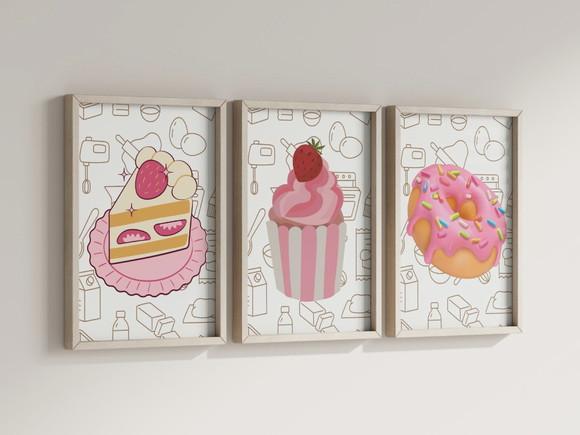Kit 3 Quadros Decorativo Moldura Bolo Confeitaria Decoração