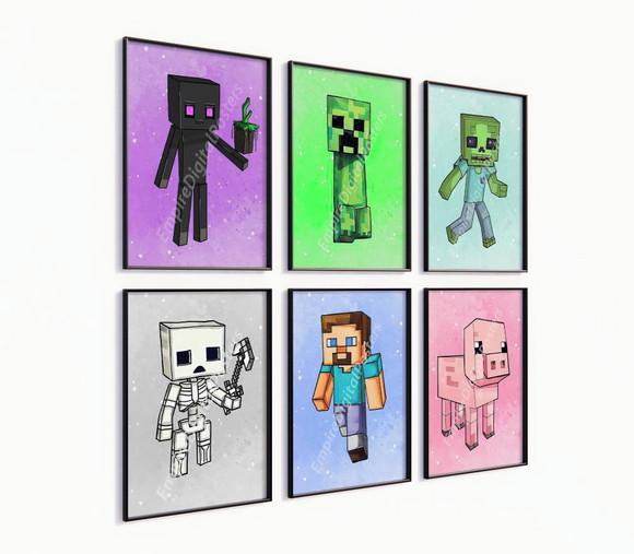 Kit 6 Quadros Decorativos Moldura Minecraft Decoração
