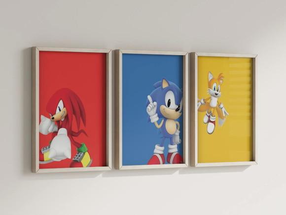 Kit 3 Quadros Decorativos Moldura Sonic Tails Knuckles B