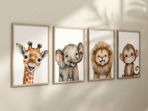 Kit 4 Quadros Decorativos Moldura Bebe Safari Animal Feliz