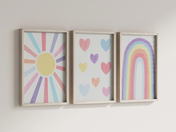 Kit 3 Quadros Decorativo Boho Coração Sol Arco-iris Infantil