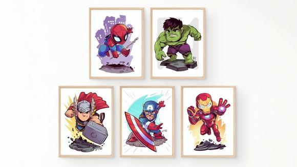 Kit 5 Quadros Decorativos Moldura Super-heróis Vingadores