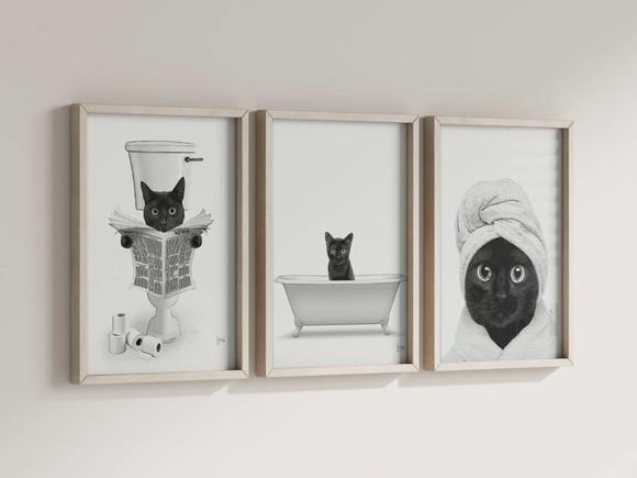 Kit 3 Quadros Decorativos Moldura Gato Banho Banheiro B