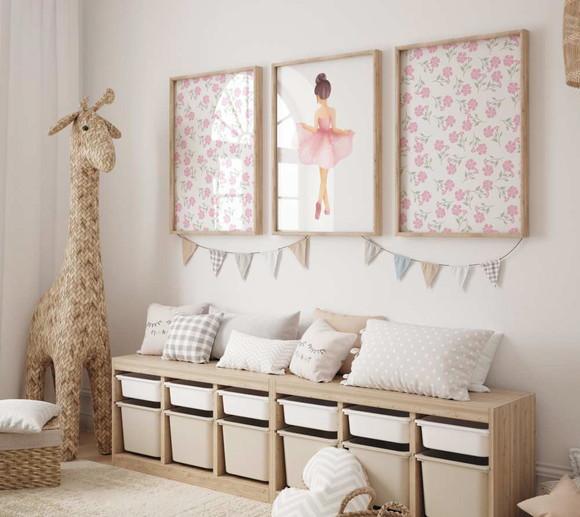 Kit 3 Quadros Decorativos com Moldura Bailarina Menina Balé