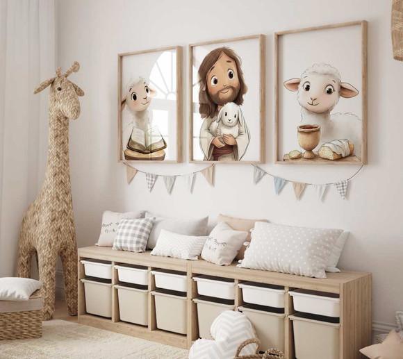 Kit 3 Quadros Decorativo Jesus Mini Berçário A3 34x44