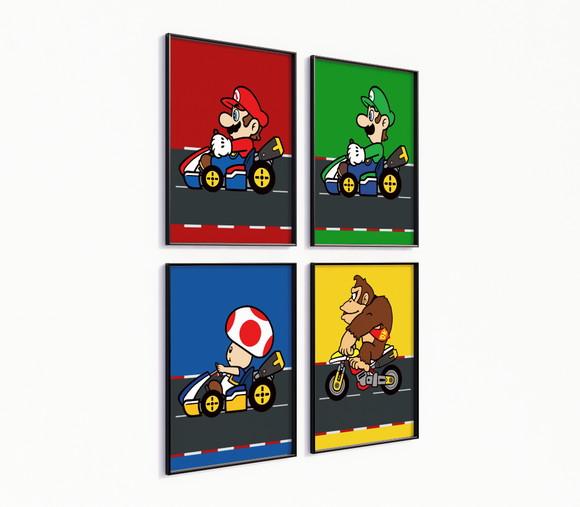 Kit 4 Quadros Decorativos Moldura Mario Kart Personagens